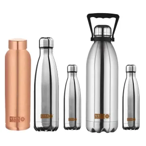 USHA SHRIRAM Pure Copper Bottle (1Pcs-950ml), Insulated Stainless Steel Water Bottle (4Pcs) | Hot for 18 Hours, Cold for 24 Hours | Bottle for Office & Kids | Steel Tambe ki Botal | Family Pack