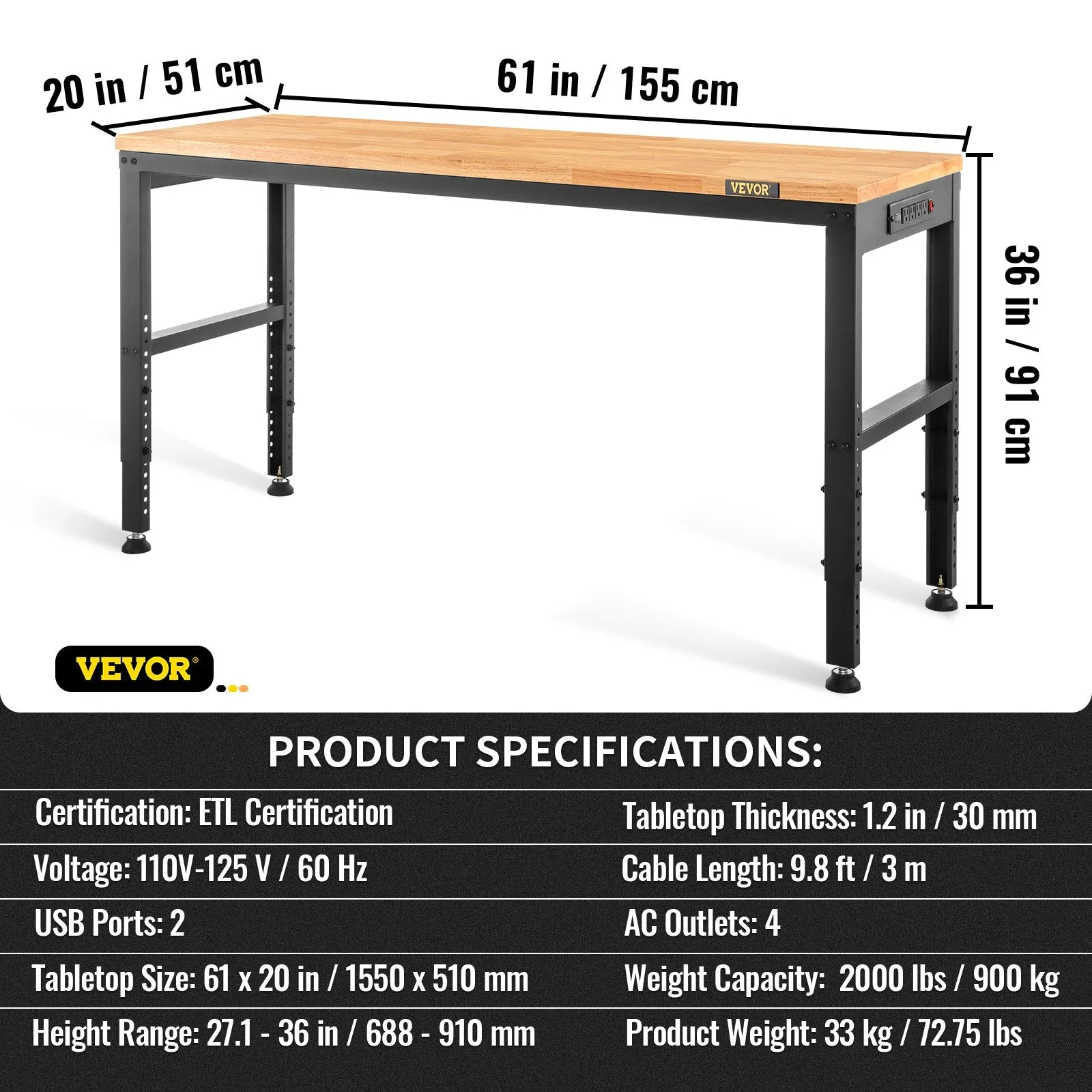 Vevor Workbench 61" x 20" with Adjustable Height 2000 Lbs Load Capacity New