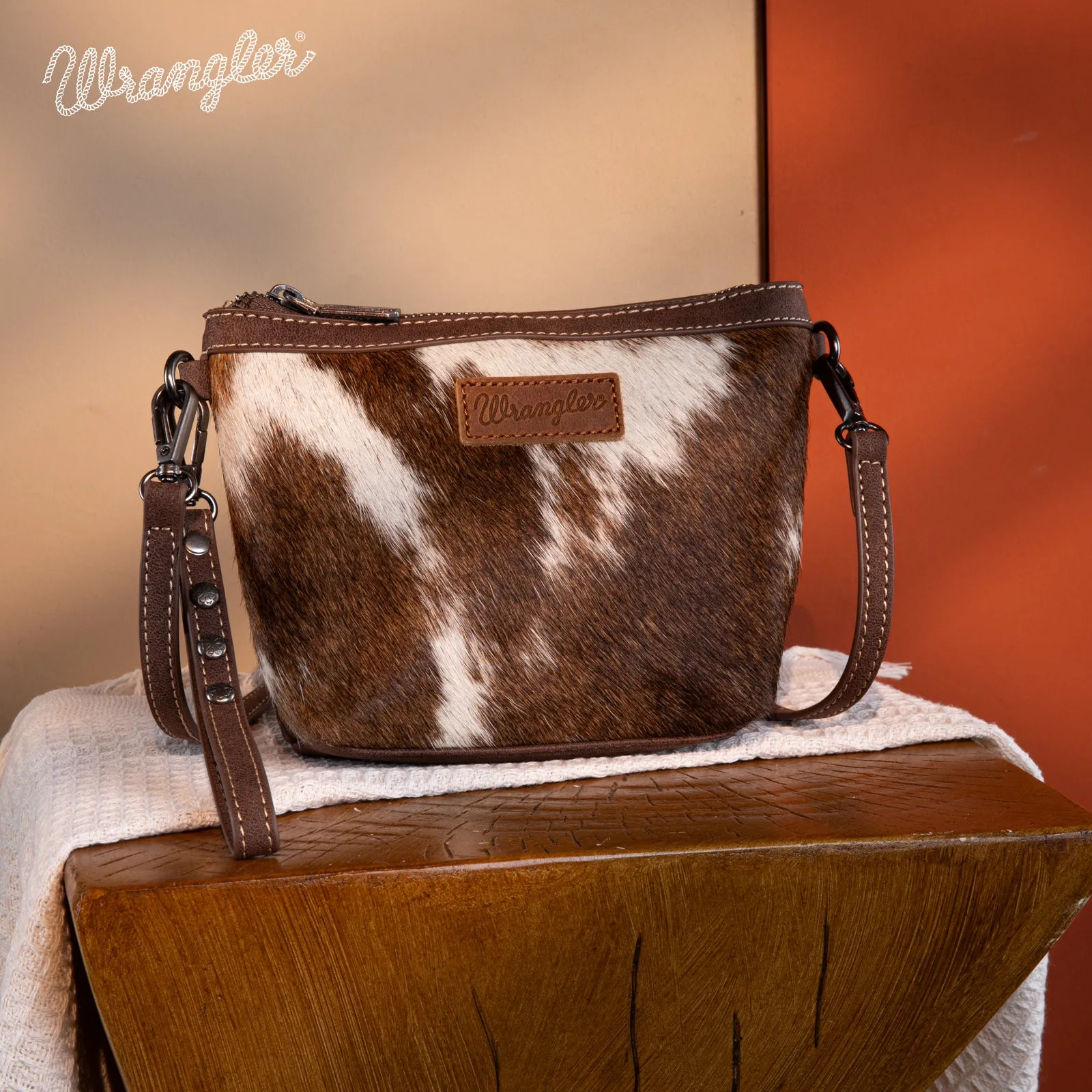 WG169-1812  Wrangler Genuine Hair-On Cowhide Crossbody - Coffee