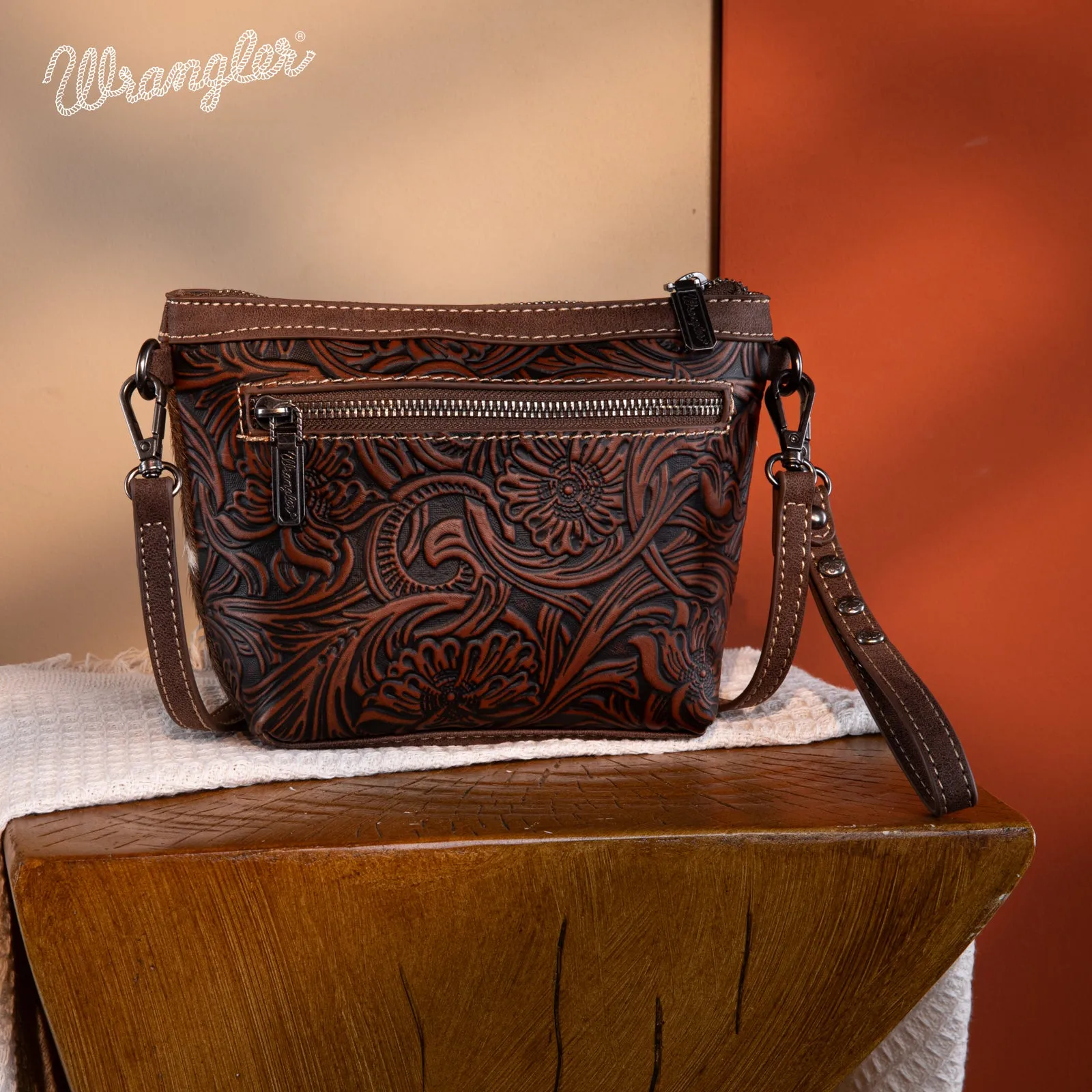 WG169-1812  Wrangler Genuine Hair-On Cowhide Crossbody - Coffee