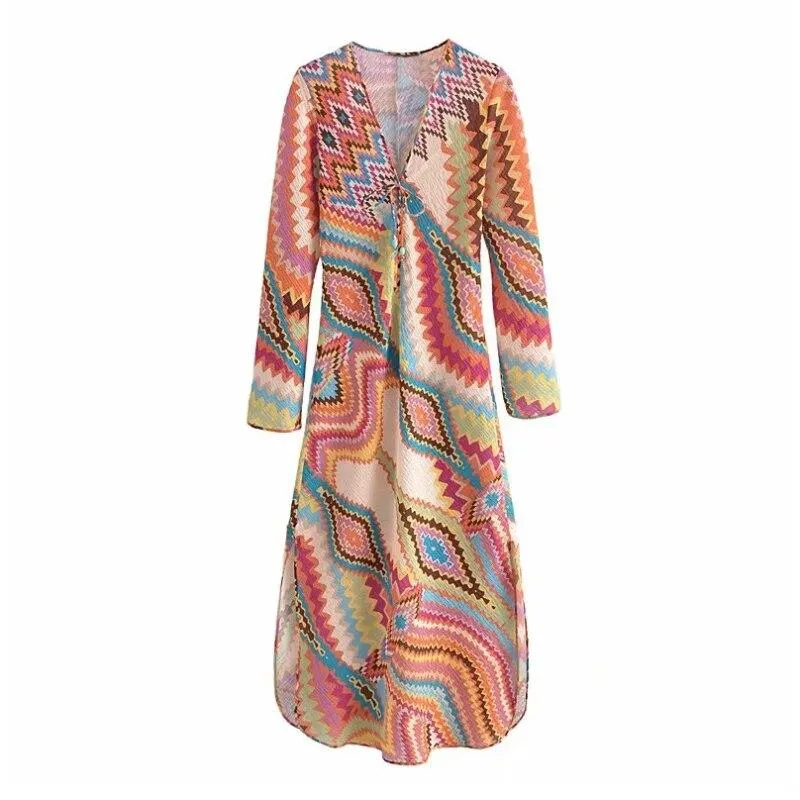 Women Sexy V Neck Printed Long Dress