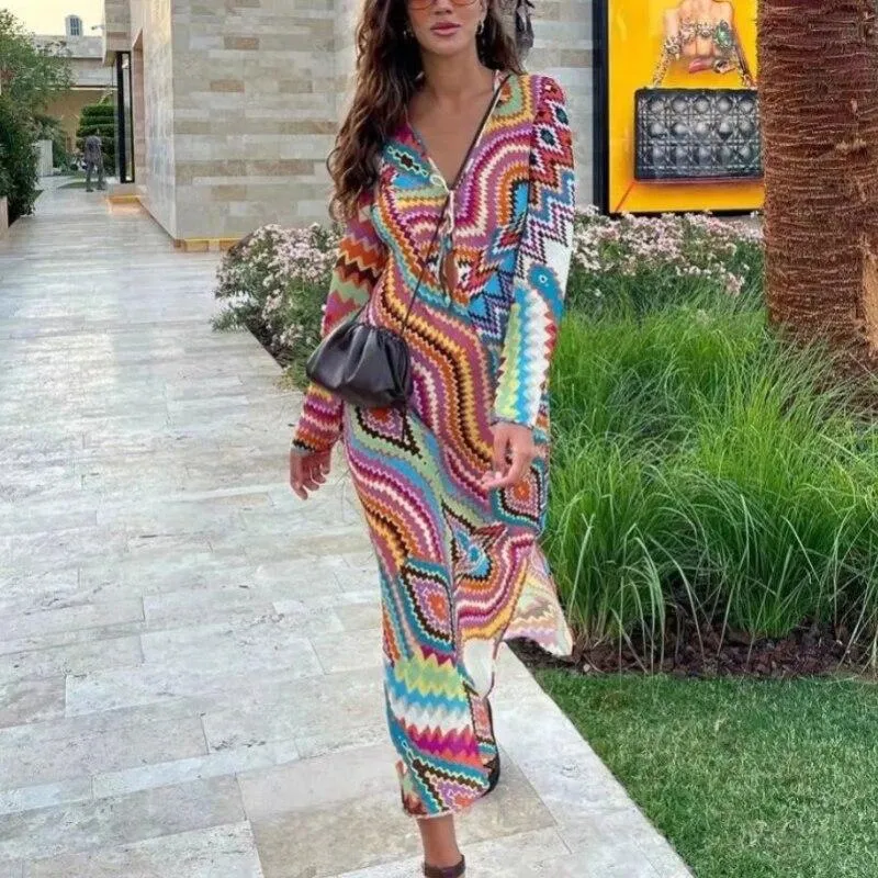 Women Sexy V Neck Printed Long Dress