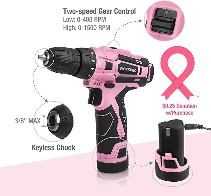 WORKPRO - #B088BBWHKV  Pink or Green Cordless Drill Driver Set, 12V Electric Screwdriver Driver Tool Kit, 3/8" Keyless Chuck, Charger and Storage Bag Included