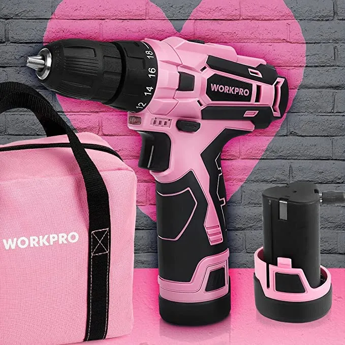 WORKPRO - #B088BBWHKV  Pink or Green Cordless Drill Driver Set, 12V Electric Screwdriver Driver Tool Kit, 3/8" Keyless Chuck, Charger and Storage Bag Included