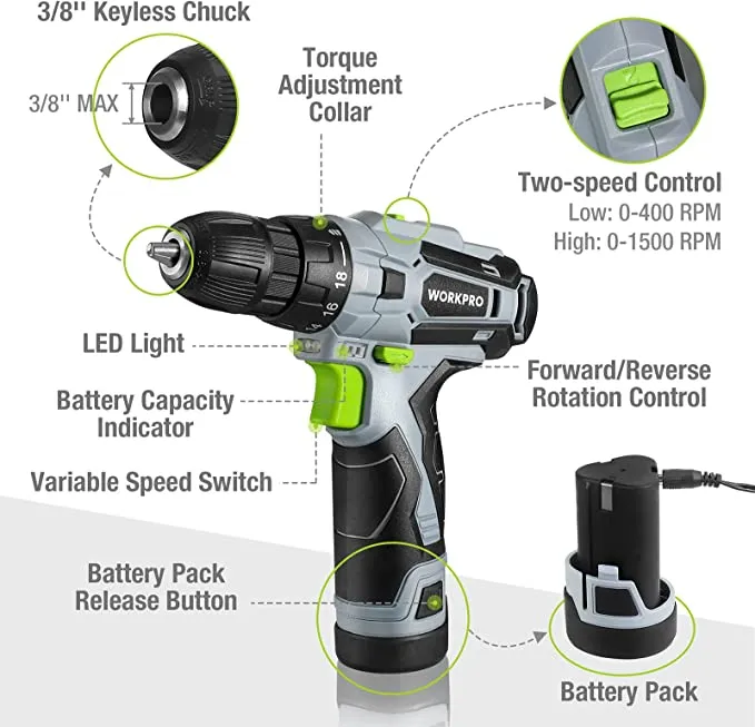 WORKPRO - #B088BBWHKV  Pink or Green Cordless Drill Driver Set, 12V Electric Screwdriver Driver Tool Kit, 3/8" Keyless Chuck, Charger and Storage Bag Included