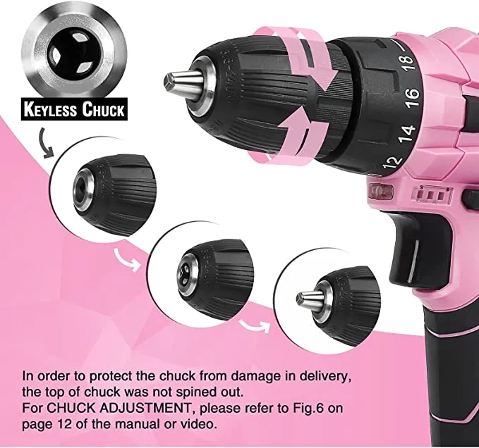 WORKPRO - #B088BBWHKV  Pink or Green Cordless Drill Driver Set, 12V Electric Screwdriver Driver Tool Kit, 3/8" Keyless Chuck, Charger and Storage Bag Included