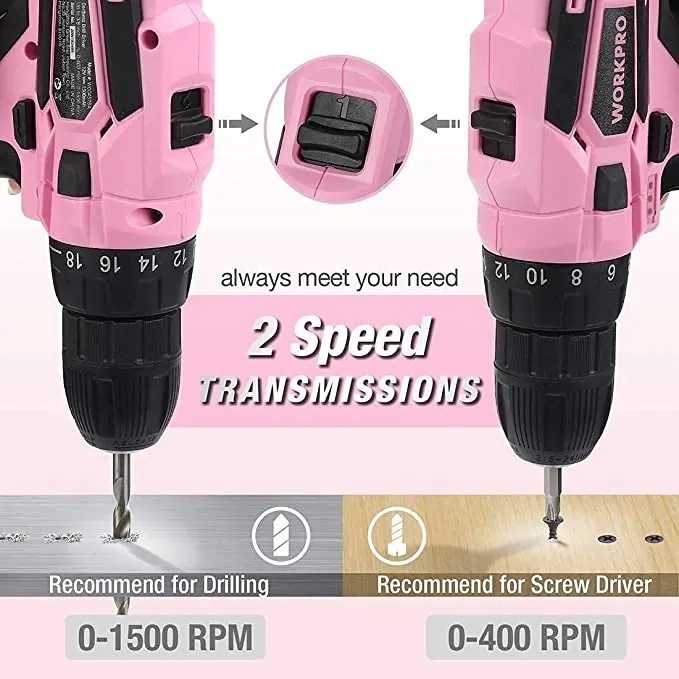 WORKPRO - #B088BBWHKV  Pink or Green Cordless Drill Driver Set, 12V Electric Screwdriver Driver Tool Kit, 3/8" Keyless Chuck, Charger and Storage Bag Included