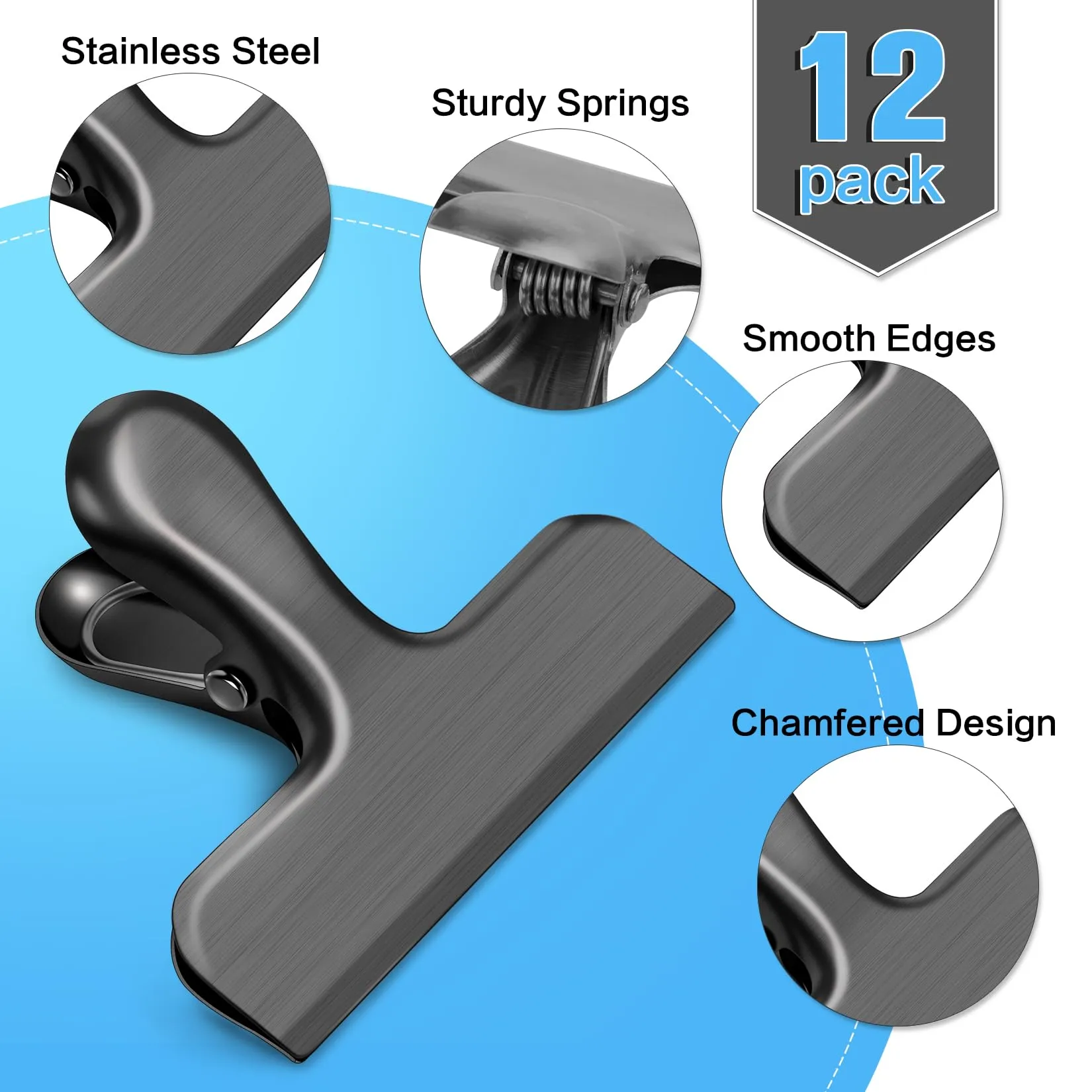 WUDIME Chip Clips, 12 Pack Stainless Steel Chip Bag Clips, Chip Clips Bag Clips Food Clips, Heavy Duty Bag Clips for Food, Air Tight Seal Great for Kitchen Home Office(Black)